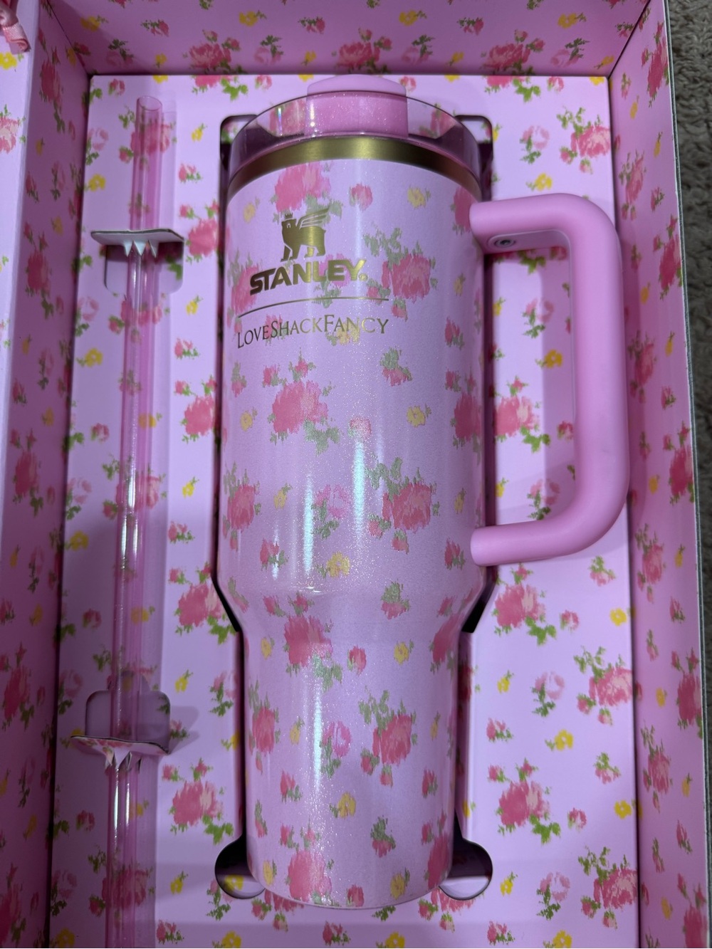 Stanley Pink Floral Insulated Travel Mug with Handle